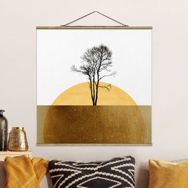 Stoffen schilderij met posterlijst Golden Sun With Tree