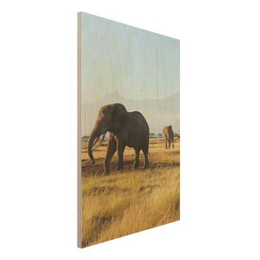 Houten schilderijen Elephants In Front Of The Kilimanjaro In Kenya