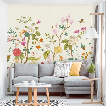 Fotobehang - Illustrated Flowers Chinoiserie On Yellow