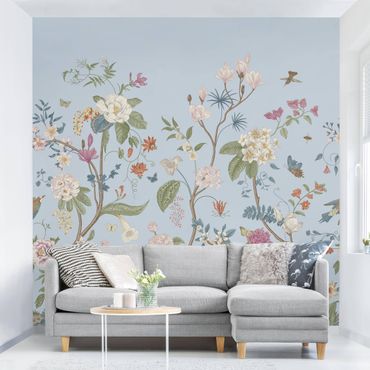 Fotobehang - Illustrated Floral Chinoiserie On Light Blue