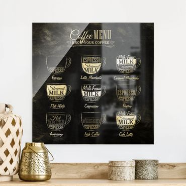 Glasschilderijen Coffee Varieties Chalkboard
