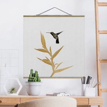 Stoffen schilderij met posterlijst Hummingbird And Tropical Golden Blossom II