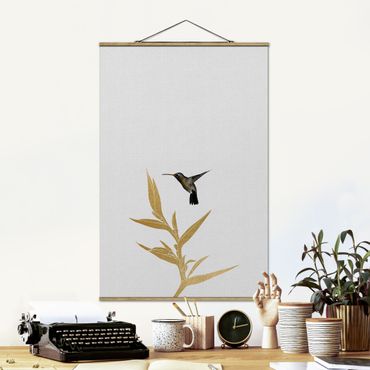 Stoffen schilderij met posterlijst Hummingbird And Tropical Golden Blossom II