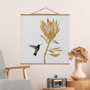 Stoffen schilderij met posterlijst Hummingbird And Tropical Golden Blossom