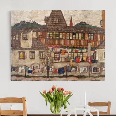 Canvas schilderijen Egon Schiele - House With Drying Laundry