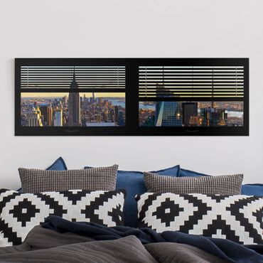 Canvas schilderijen Window View Blinds - Manhattan Evening