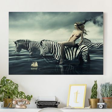Canvas schilderijen Woman Posing With Zebras