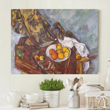 Canvas schilderijen Paul Cézanne - Still Life, Flower Curtain, And Fruits