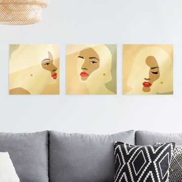 Glasschilderijen - 3-delig Line Art Portrait Women Pastel Set