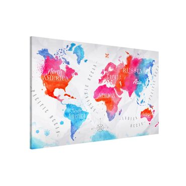 Magneetborden World Map Watercolour Red Blue