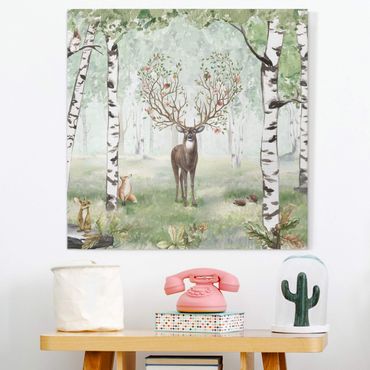 Canvas schilderijen - Majestic deer in the birch forest