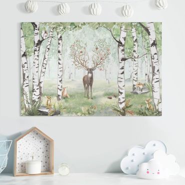 Canvas schilderijen - Majestic deer in the birch forest