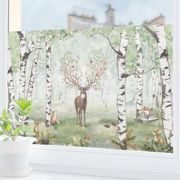 Raamfolie - Majestic deer in the birch forest
