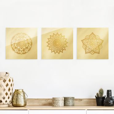 Glasschilderijen - 3-delig Mandala Flower Sun Illustration Set Gold