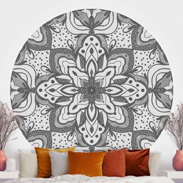 Behangcirkel Mandala With Grid And Dots In Grey