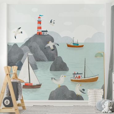 Fotobehang - Ocean With Rocks, Boats And Seagulls