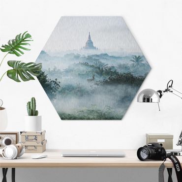 Hexagons Aluminium Dibond schilderijen Morning Fog Over The Jungle Of Bagan