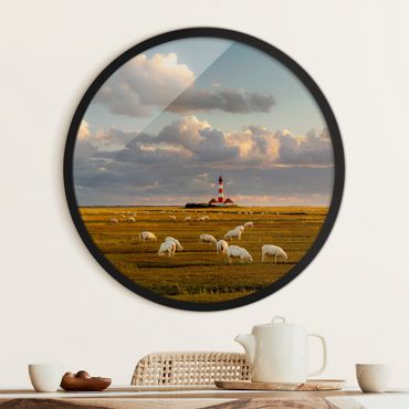 Rond schilderijen Faro nel Mare del Nord con gregge di pecore