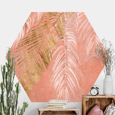 Hexagon Behang Palm Fronds In Pink And Gold I