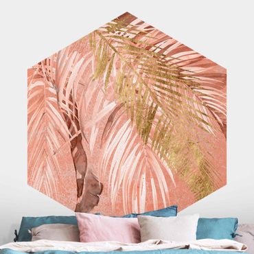 Hexagon Behang Palm Fronds In Pink And Gold II