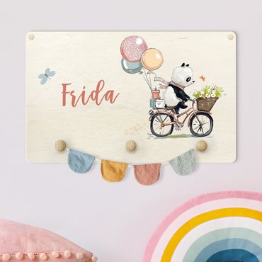 Wandkapstokken voor kinderen Panda On Flower Bicycle With Customised Name