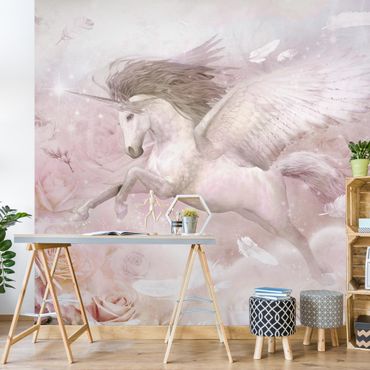 Fotobehang Pegasus unicorn with roses