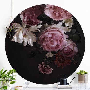 Behangcirkel Pink Flowers On Black Vintage