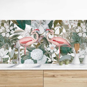 Keukenachterwanden Pink Flamingos With Leaves And White Flowers