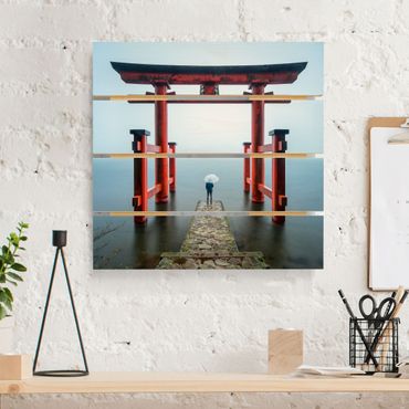 Houten schilderijen op plank Red Torii At Lake Ashi