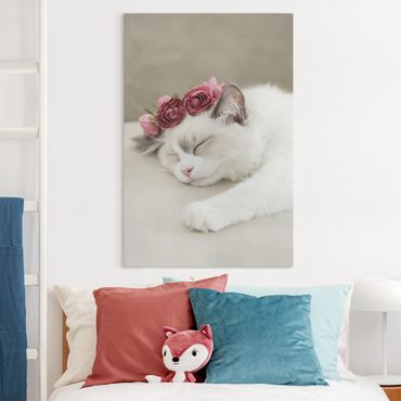 Canvas schilderijen Sleeping Cat with Roses