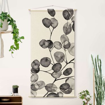 Wandtapijt - Black And White Eucalyptus Twig Watercolour