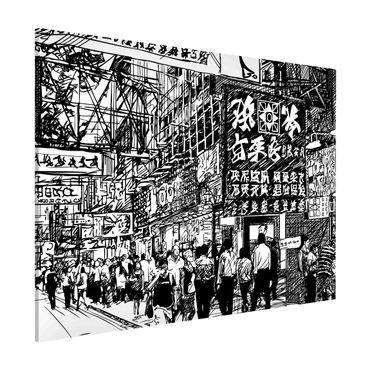 Magneetborden - Black And White Drawing Asian Street II