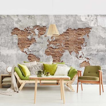 Fotobehang Shabby Concrete Brick World Map