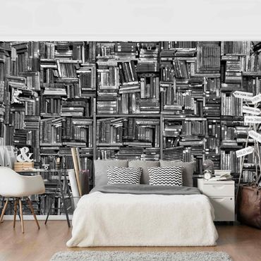 Fotobehang Shabby Wall Of Books In Black And White