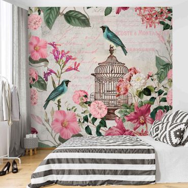 Fotobehang Shabby Chic Collage - Pink Flowers And Blue Birds
