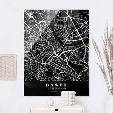 Glasschilderijen Basel City Map - Classic Black
