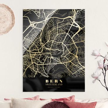 Glasschilderijen Bern City Map - Classic Black