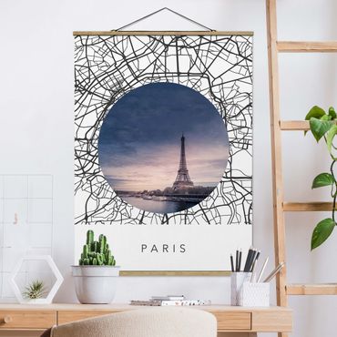 Stoffen schilderij met posterlijst Map Collage Paris