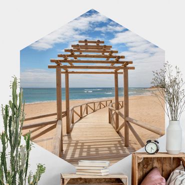 Hexagon Behang Boardwalk To The Ocean In Andalusia