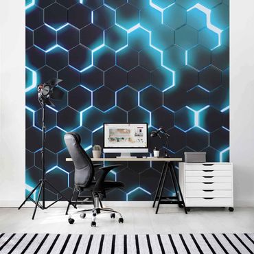 Fotobehang - Structured Hexagons With Neon Light In Turquoise