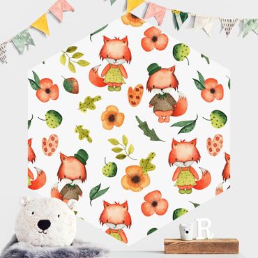 Hexagon Behang Cute Foxes In Watercolour