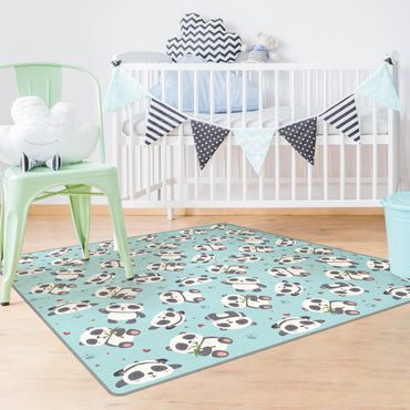 Vloerkleed - Cute Panda With Paw Prints And Hearts Pastel Blue