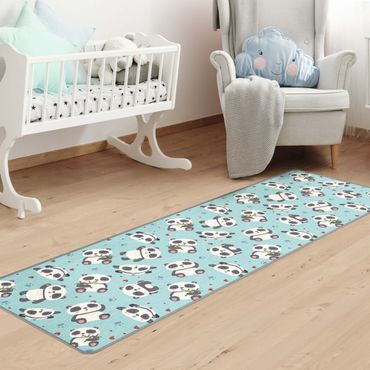 Vloerkleed - Cute Panda With Paw Prints And Hearts Pastel Blue