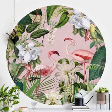 Behangcirkel Tropical Flamingos With Plants In Pink