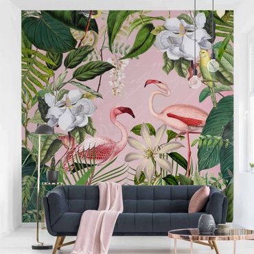 Fotobehang Tropical Flamingos With Plants In Pink