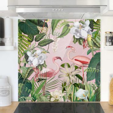 Spatscherm keuken Tropical Flamingos With Plants In Pink