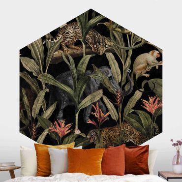 Hexagon Behang Tropical Night With Leopard
