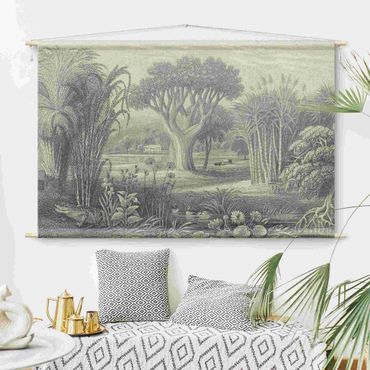 Wandtapijt - Tropical Copperplate Engraving Garden With Pond In Grey