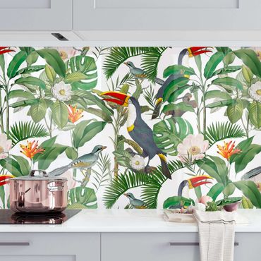 Keukenachterwanden Tropical Toucan With Monstera And Palm Leaves II