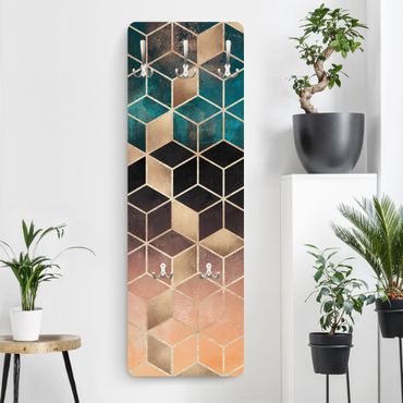 Wandkapstokken houten paneel - Turquoise Rosé Golden Geometry